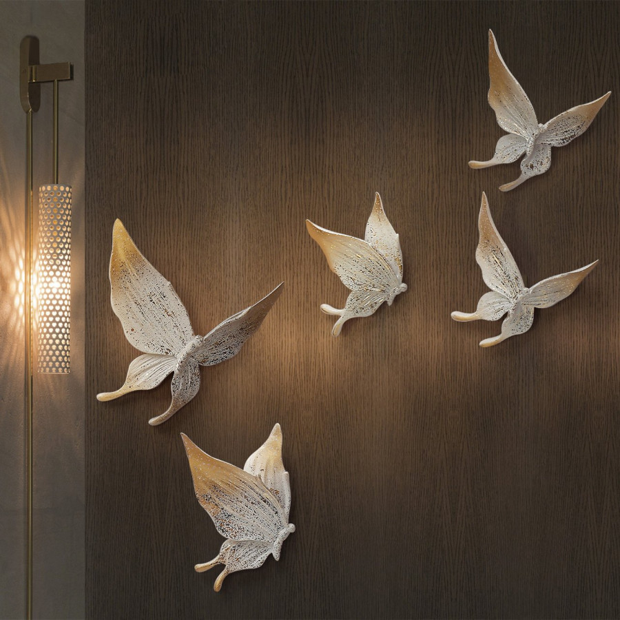 HMR - 5-Pieces Farmhouse 3D White & Gold Resin Butterfly Wall Decor Set Living Room Bedroom