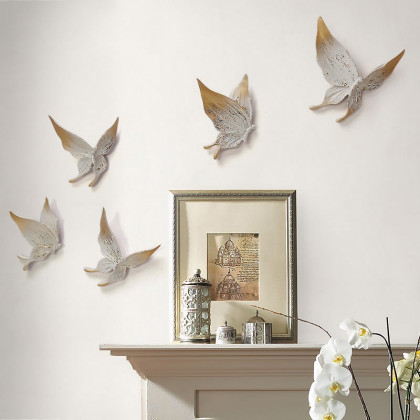 HMR - 5-Pieces Farmhouse 3D White & Gold Resin Butterfly Wall Decor Set Living Room Bedroom