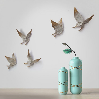 HMR - 5-Pieces Farmhouse 3D White & Gold Resin Butterfly Wall Decor Set Living Room Bedroom
