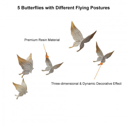 HMR - 5-Pieces Farmhouse 3D White & Gold Resin Butterfly Wall Decor Set Living Room Bedroom