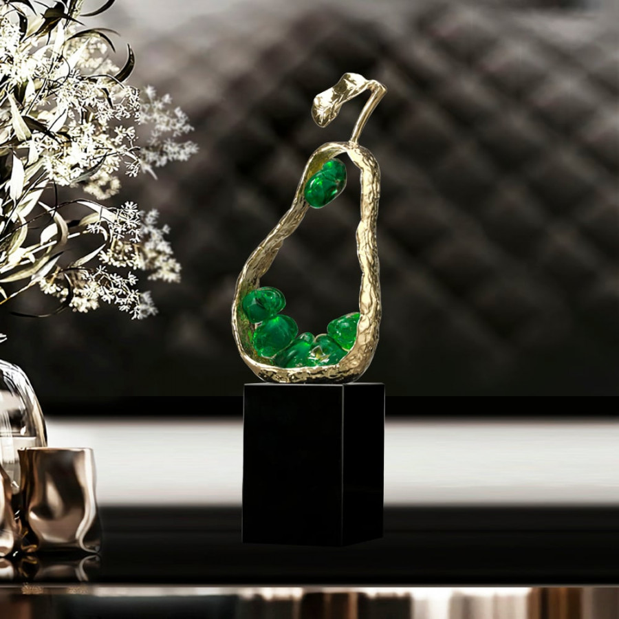 HMR - 11" Green Metal & Resin Abstract Geometric Pear Fruit Sculpture Ornament Desk Decor Art