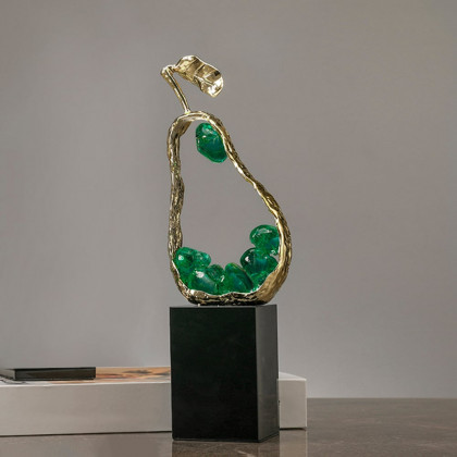 HMR - 11" Green Metal & Resin Abstract Geometric Pear Fruit Sculpture Ornament Desk Decor Art