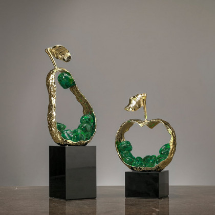 HMR - 11" Green Metal & Resin Abstract Geometric Pear Fruit Sculpture Ornament Desk Decor Art