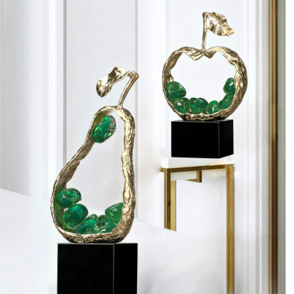 HMR - 11" Green Metal & Resin Abstract Geometric Pear Fruit Sculpture Ornament Desk Decor Art