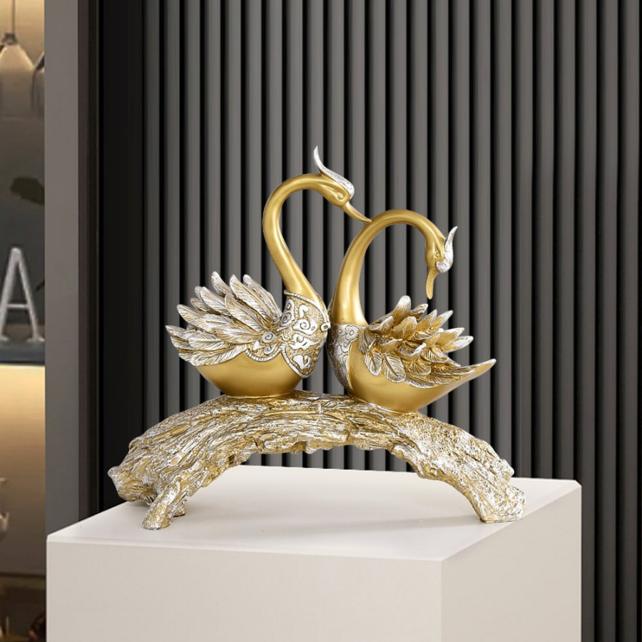 HMR 14.2" Simulation Couple Swan Sculpture Art Ornament Table Statue Decor - Gold