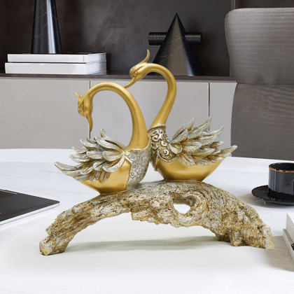 HMR 14.2" Simulation Couple Swan Sculpture Art Ornament Table Statue Decor - Gold