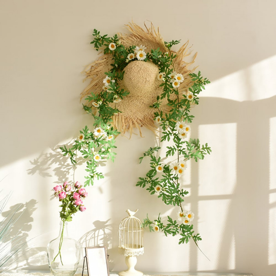 HMR - Boho Hanging Artificial Vines Fake Silk Flower Garlands with The Handmade Straw Hat