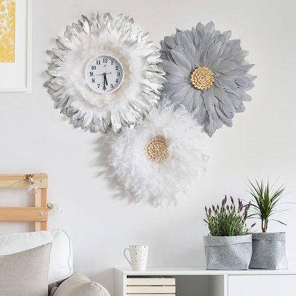 HMR - 3-Piece Boho Macrame Feather Wall Clock Round Wall Flower Set White & Gray