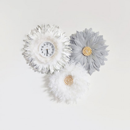 HMR - 3-Piece Boho Macrame Feather Wall Clock Round Wall Flower Set White & Gray