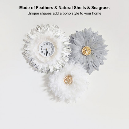 HMR - 3-Piece Boho Macrame Feather Wall Clock Round Wall Flower Set White & Gray