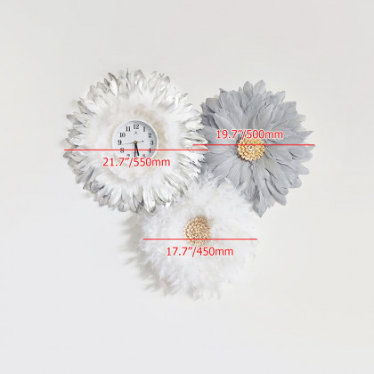 HMR - 3-Piece Boho Macrame Feather Wall Clock Round Wall Flower Set White & Gray