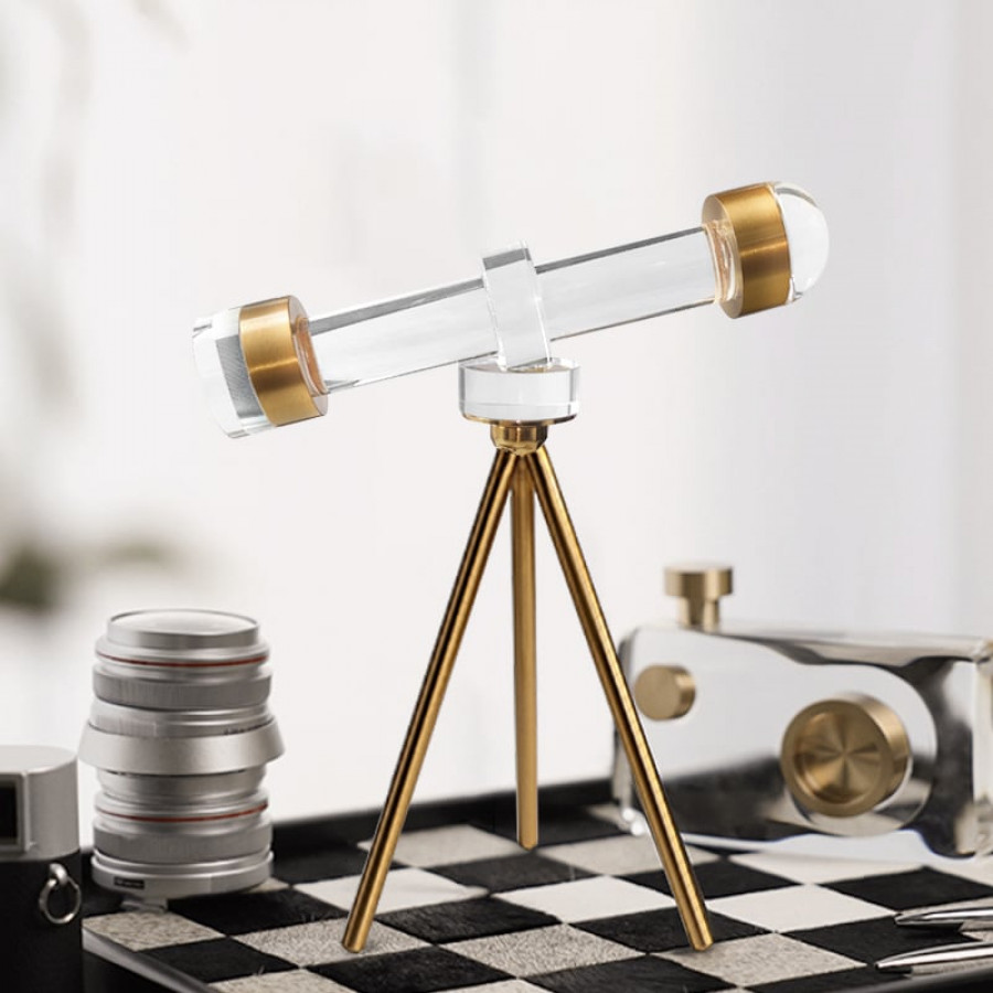 HMR - Modern Crystal Telescope Sculpture Ornament Art Decor with Gold Metal Tripod Stand