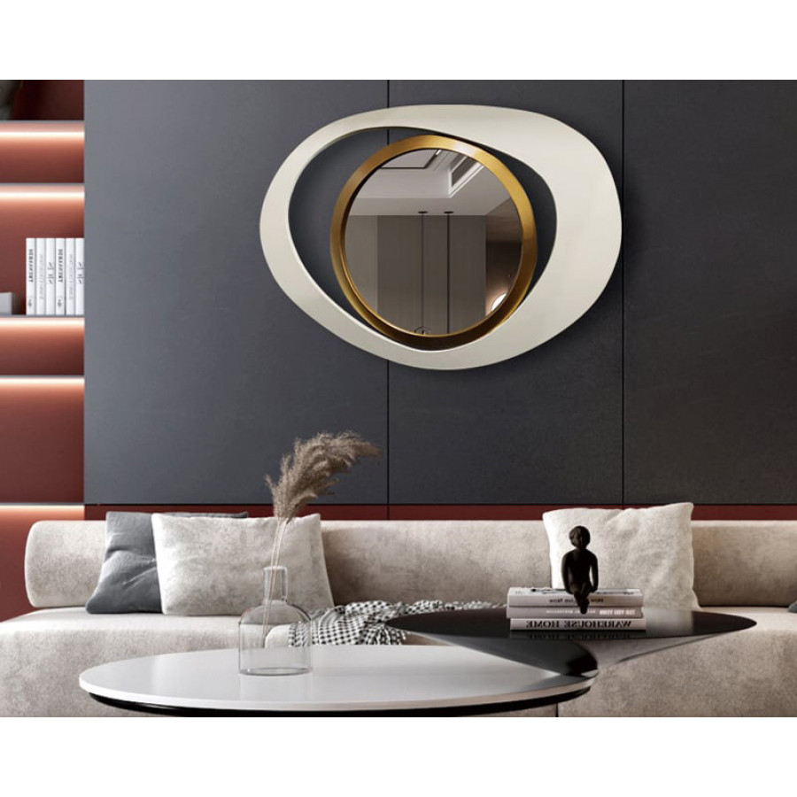 HMR Modern White & Gold Abstract Geometry Wall Mirror Decor Living Room Bedroom - White & Gold, 26" x 35"