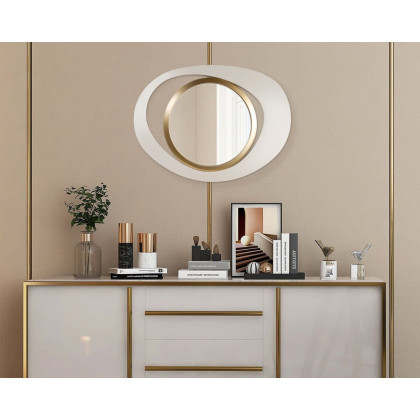 HMR Modern White & Gold Abstract Geometry Wall Mirror Decor Living Room Bedroom - White & Gold, 26" x 35"