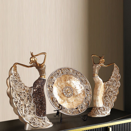 HMR - 3PCS Vintage Gold Figure Statue Sculpture Set Romantic Shell Dancer Desktop Decor