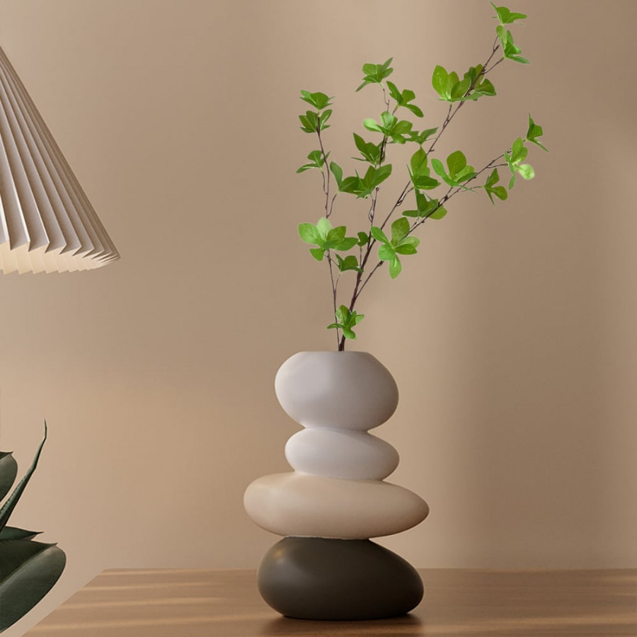 HMR - Resin Stacked Stone Vase with Faux Indoor Plant Decor Art