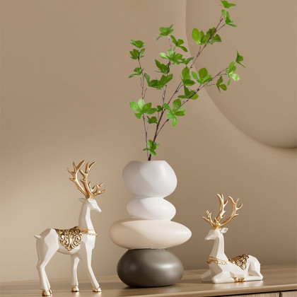HMR - Resin Stacked Stone Vase with Faux Indoor Plant Decor Art