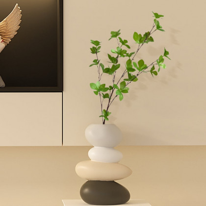 HMR - Resin Stacked Stone Vase with Faux Indoor Plant Decor Art