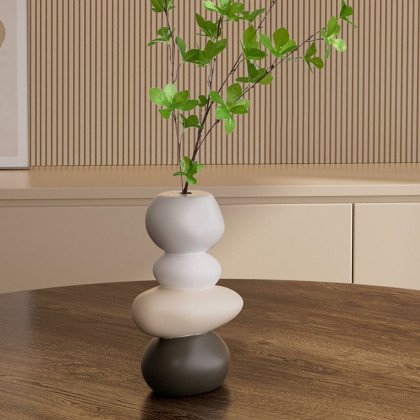 HMR - Resin Stacked Stone Vase with Faux Indoor Plant Decor Art
