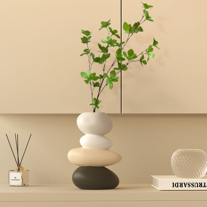 HMR - Resin Stacked Stone Vase with Faux Indoor Plant Decor Art