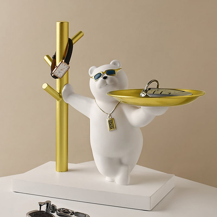 HMR - Modern White & Gold Resin Bear Decorative Storage Tray Holder Home Desk Animal Ornament