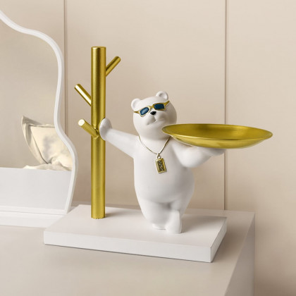 HMR - Modern White & Gold Resin Bear Decorative Storage Tray Holder Home Desk Animal Ornament