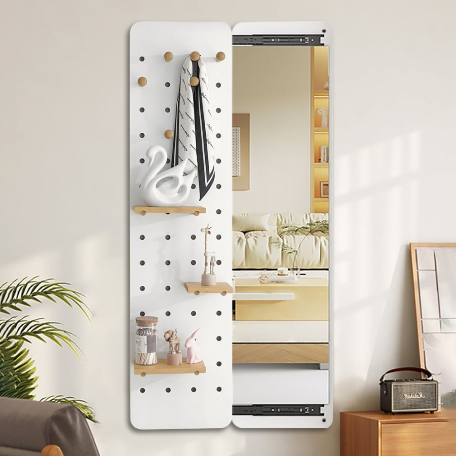 HMR - 47.2" Pegboard Hidden Sliding Dressing Full Length Floating Wall Mirror Coat Rack Hooks