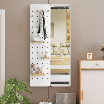 HMR - 47.2" Pegboard Hidden Sliding Dressing Full Length Floating Wall Mirror Coat Rack Hooks