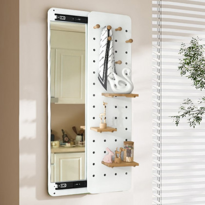 HMR - 47.2" Pegboard Hidden Sliding Dressing Full Length Floating Wall Mirror Coat Rack Hooks