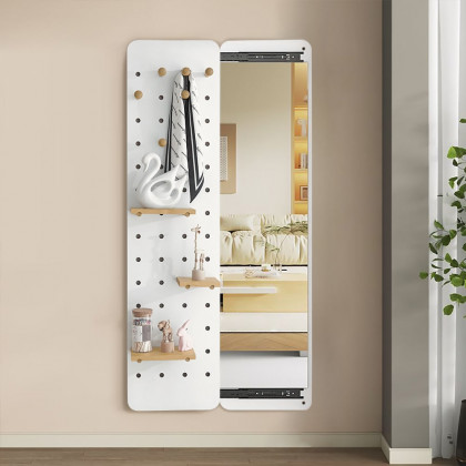 HMR - 47.2" Pegboard Hidden Sliding Dressing Full Length Floating Wall Mirror Coat Rack Hooks