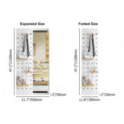 HMR - 47.2" Pegboard Hidden Sliding Dressing Full Length Floating Wall Mirror Coat Rack Hooks