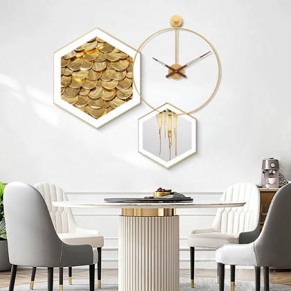 HMR - 3-Piece Modern Geometric Wall Clock Decor Set Canvas Painting Wall Art with Aluminum Frame