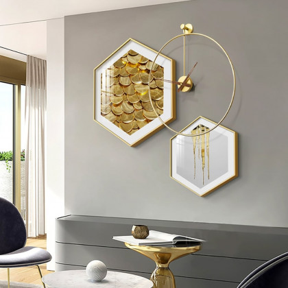 HMR - 3-Piece Modern Geometric Wall Clock Decor Set Canvas Painting Wall Art with Aluminum Frame