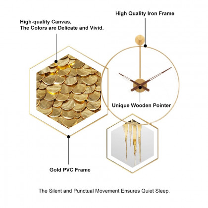 HMR - 3-Piece Modern Geometric Wall Clock Decor Set Canvas Painting Wall Art with Aluminum Frame