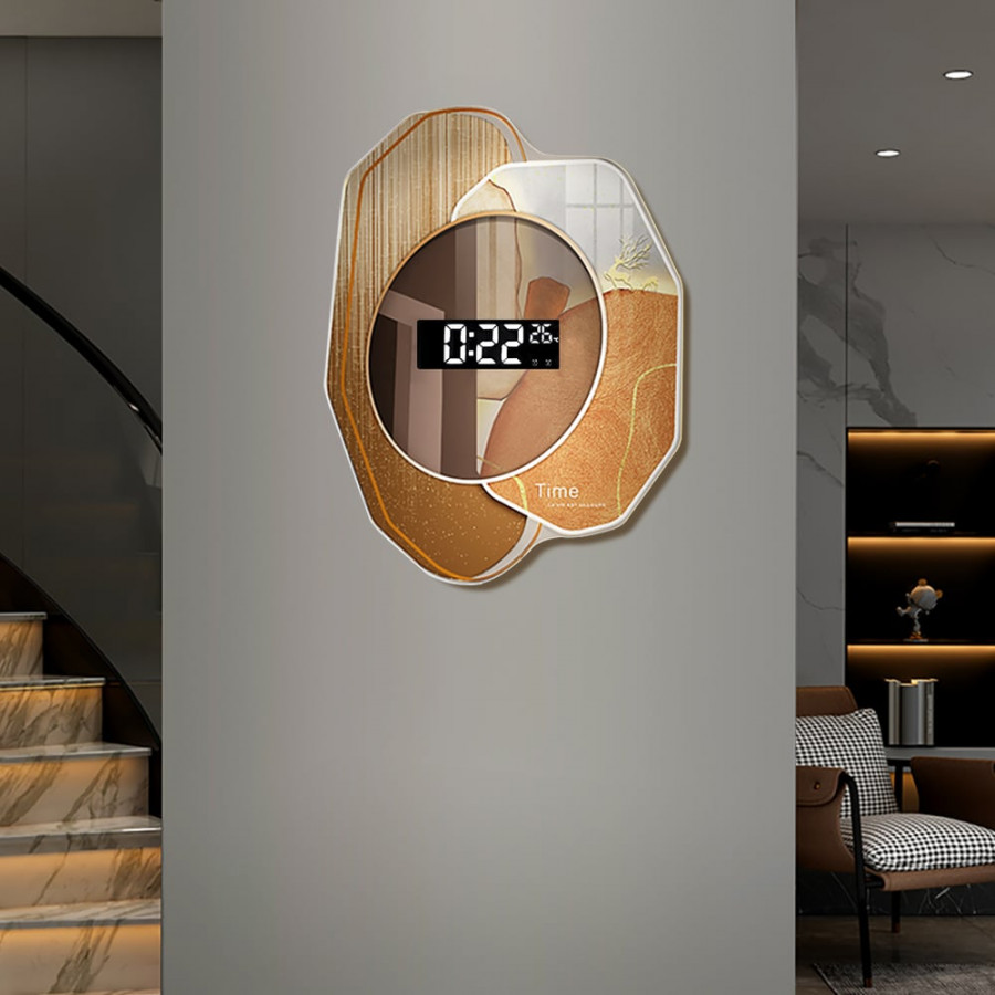 HMR - 20.9" LED Digital Display Abstract Acrylic Wall Clock Modern Decor Art in Orange