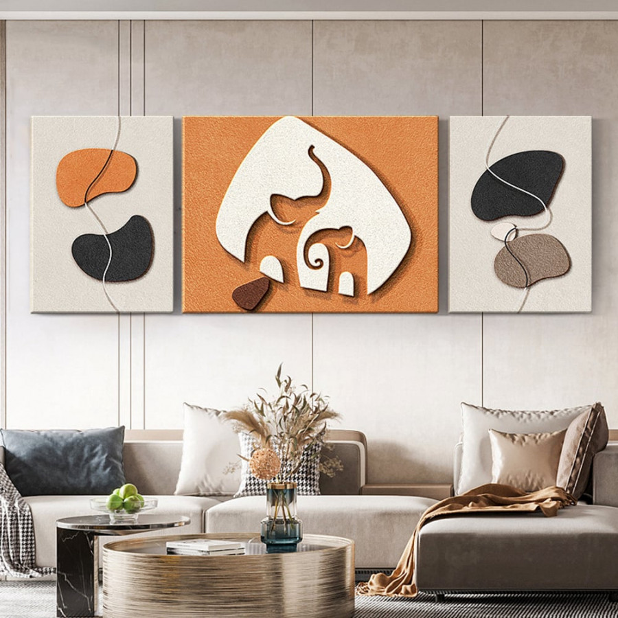 HMR - 3-Pieces Elephant Wall Decor Set Modern 3D Abstract Geometric Painting Art Living Room