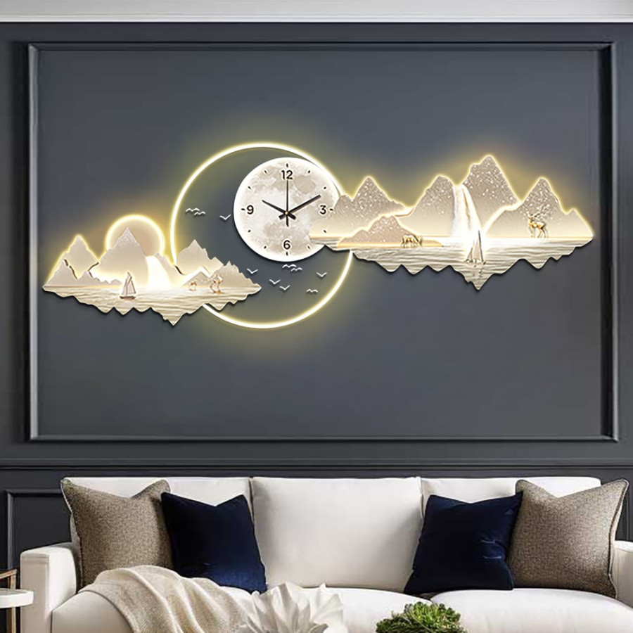 HMR - 39.4" LED Silent Wall Clock Modern Landscape Hanging Painting Decorative Wall Art