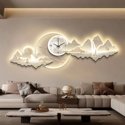 HMR - 39.4" LED Silent Wall Clock Modern Landscape Hanging Painting Decorative Wall Art