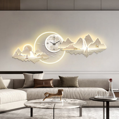 HMR - 39.4" LED Silent Wall Clock Modern Landscape Hanging Painting Decorative Wall Art