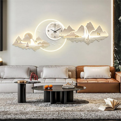 HMR - 39.4" LED Silent Wall Clock Modern Landscape Hanging Painting Decorative Wall Art
