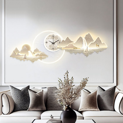 HMR - 39.4" LED Silent Wall Clock Modern Landscape Hanging Painting Decorative Wall Art
