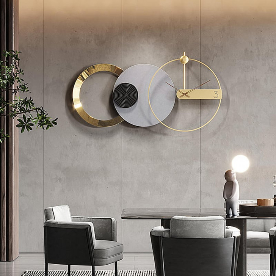 HMR - 33" x 18" Large Round Gray & Gold Wall Clock with Wood Pointer Modern Home Decor Art