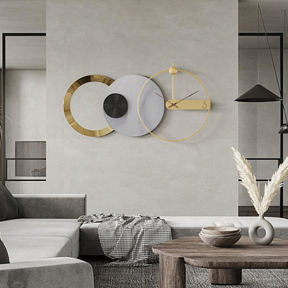 HMR - 33" x 18" Large Round Gray & Gold Wall Clock with Wood Pointer Modern Home Decor Art