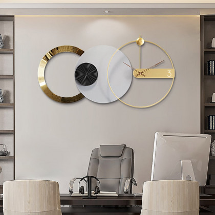 HMR - 33" x 18" Large Round Gray & Gold Wall Clock with Wood Pointer Modern Home Decor Art