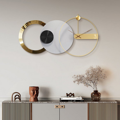 HMR - 33" x 18" Large Round Gray & Gold Wall Clock with Wood Pointer Modern Home Decor Art