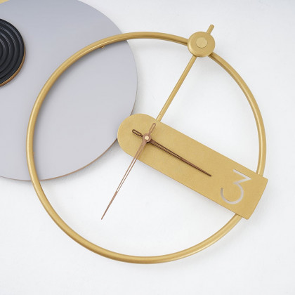 HMR - 33" x 18" Large Round Gray & Gold Wall Clock with Wood Pointer Modern Home Decor Art