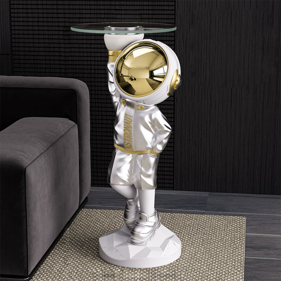 HMR - 23.6" Silver Astronaut Floor Statue Sculpture Decor Art Side Table with Wireless Charger