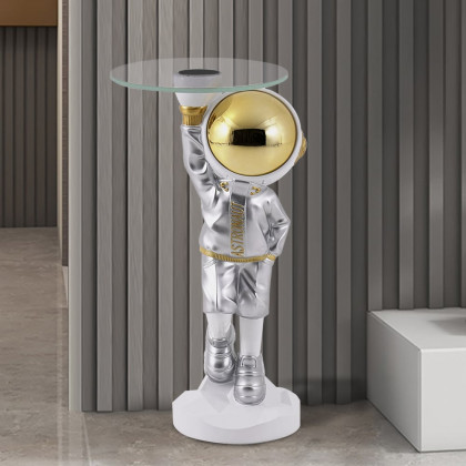 HMR - 23.6" Silver Astronaut Floor Statue Sculpture Decor Art Side Table with Wireless Charger
