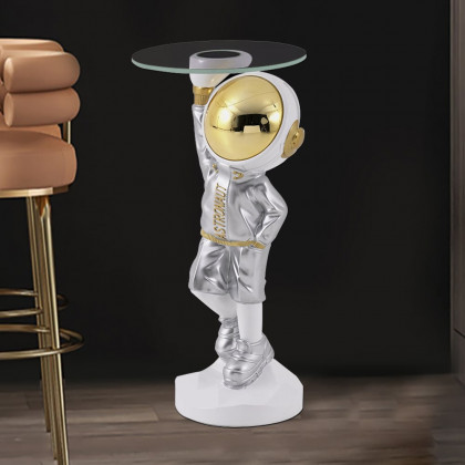 HMR - 23.6" Silver Astronaut Floor Statue Sculpture Decor Art Side Table with Wireless Charger