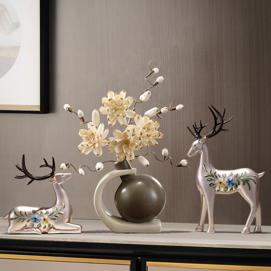 HMR - Creative Silver Deer Decoration Artificial Flower Set Golden Artificial Flowers in Vase